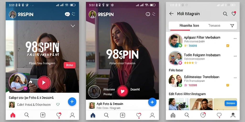 Antarmuka 98SPIN dengan beragam filter Instagram yang menarik.